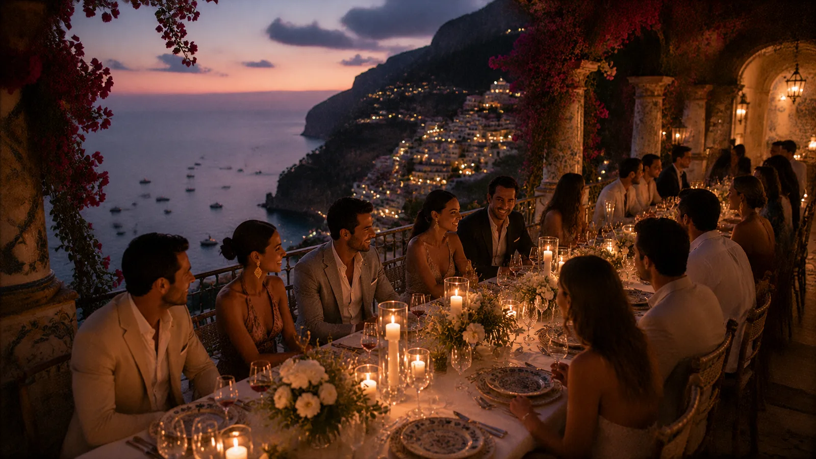 A cliffside terrace dinner on the Amalfi Coast at dusk, bougainvillea and the terraced village lights over the sea