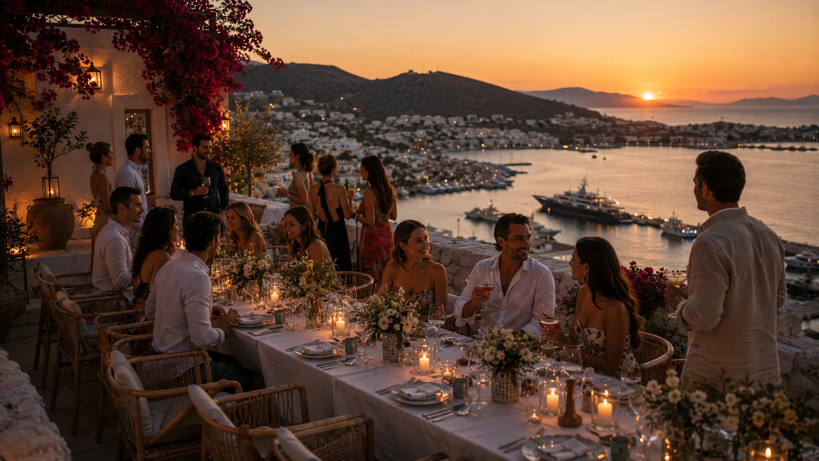 Whitewashed Bodrum coastline above the Aegean at dusk
