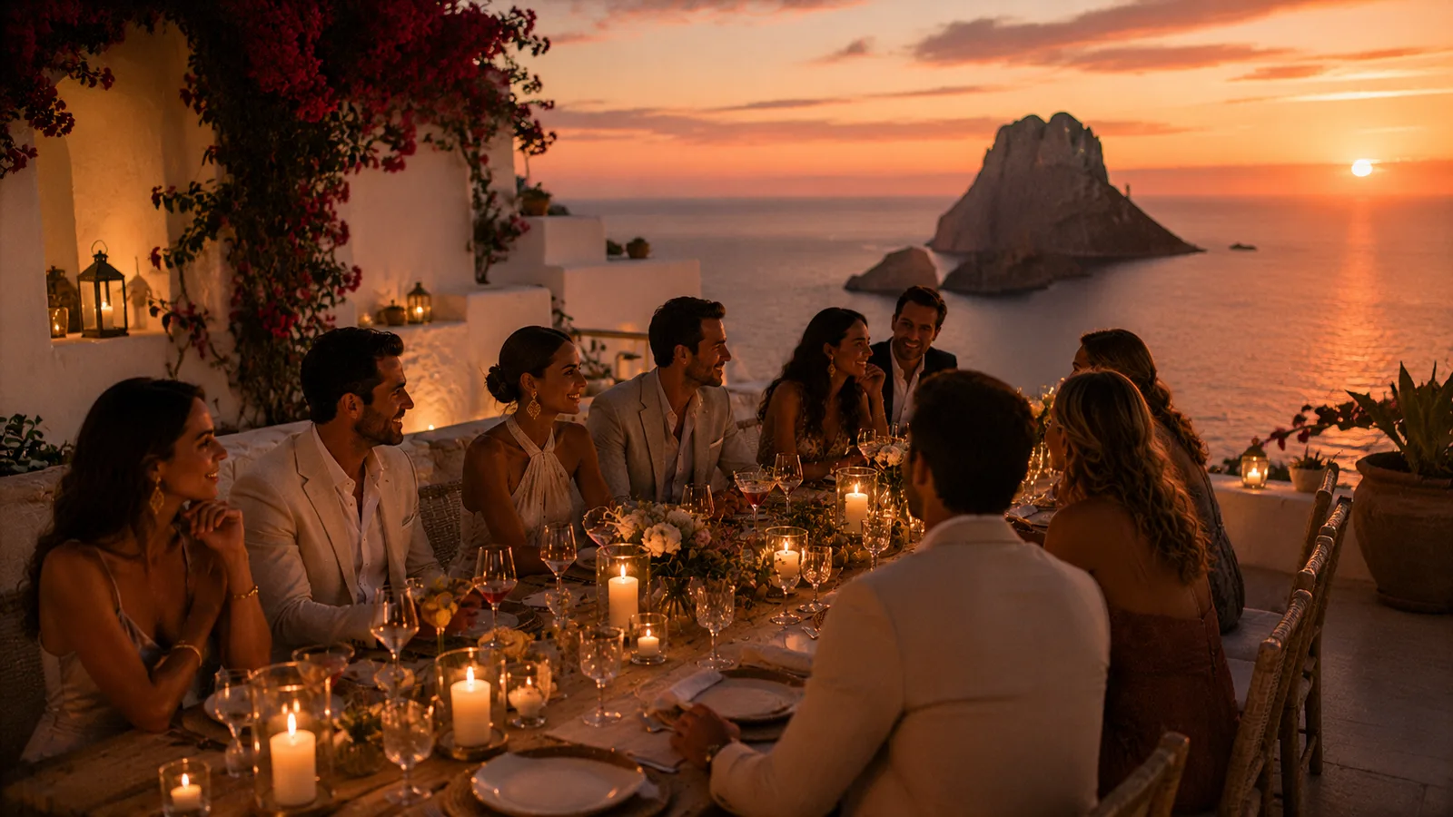 Ibiza coastline with a villa terrace above the sea at golden hour