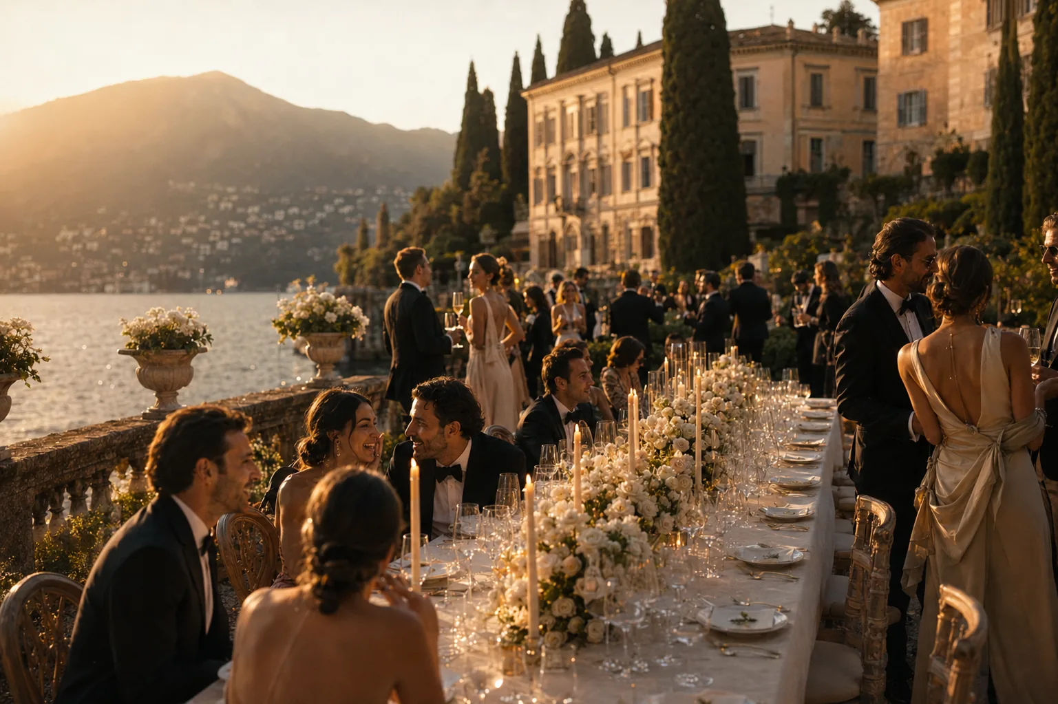 Golden-hour reception on a lakeside villa terrace on Lake Como, guests along a long candlelit table