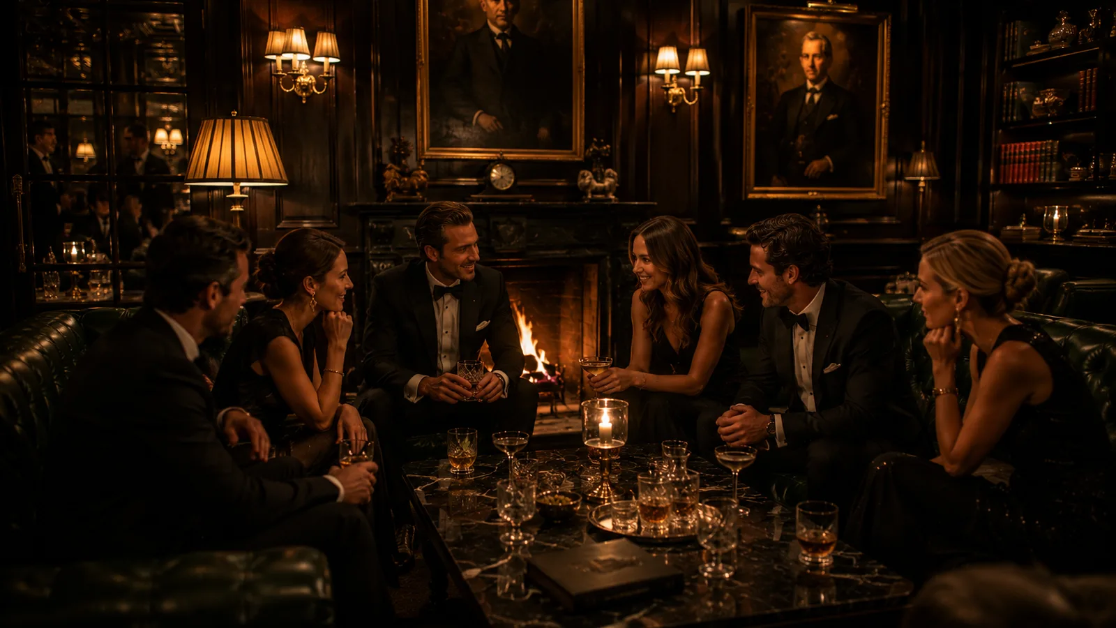A black-tie group around a low marble table in a Mayfair members' club, panelled walls and oil paintings behind