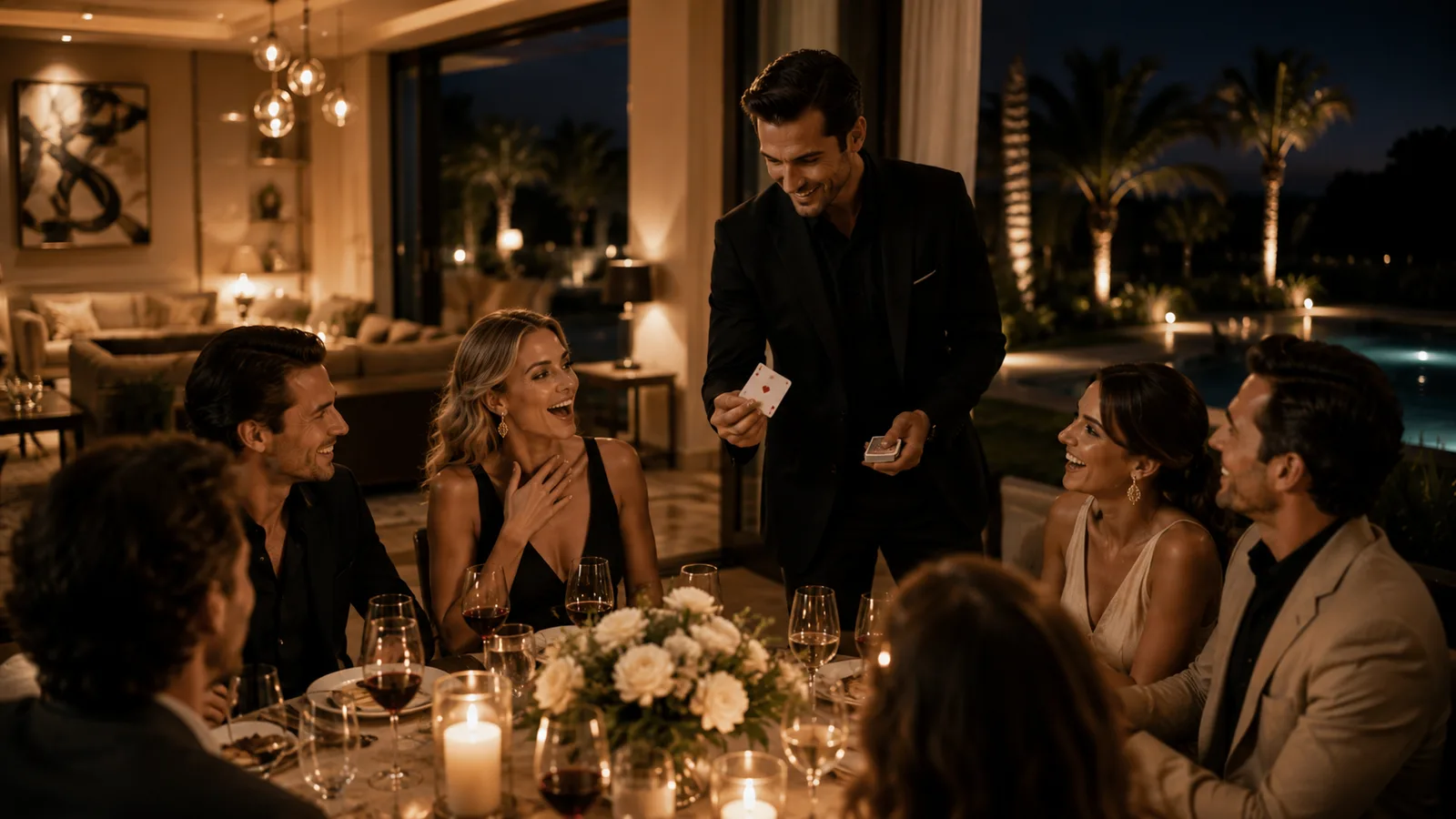 An evening dinner in a modern villa opening onto a lit pool and palms, guests reacting around the table
