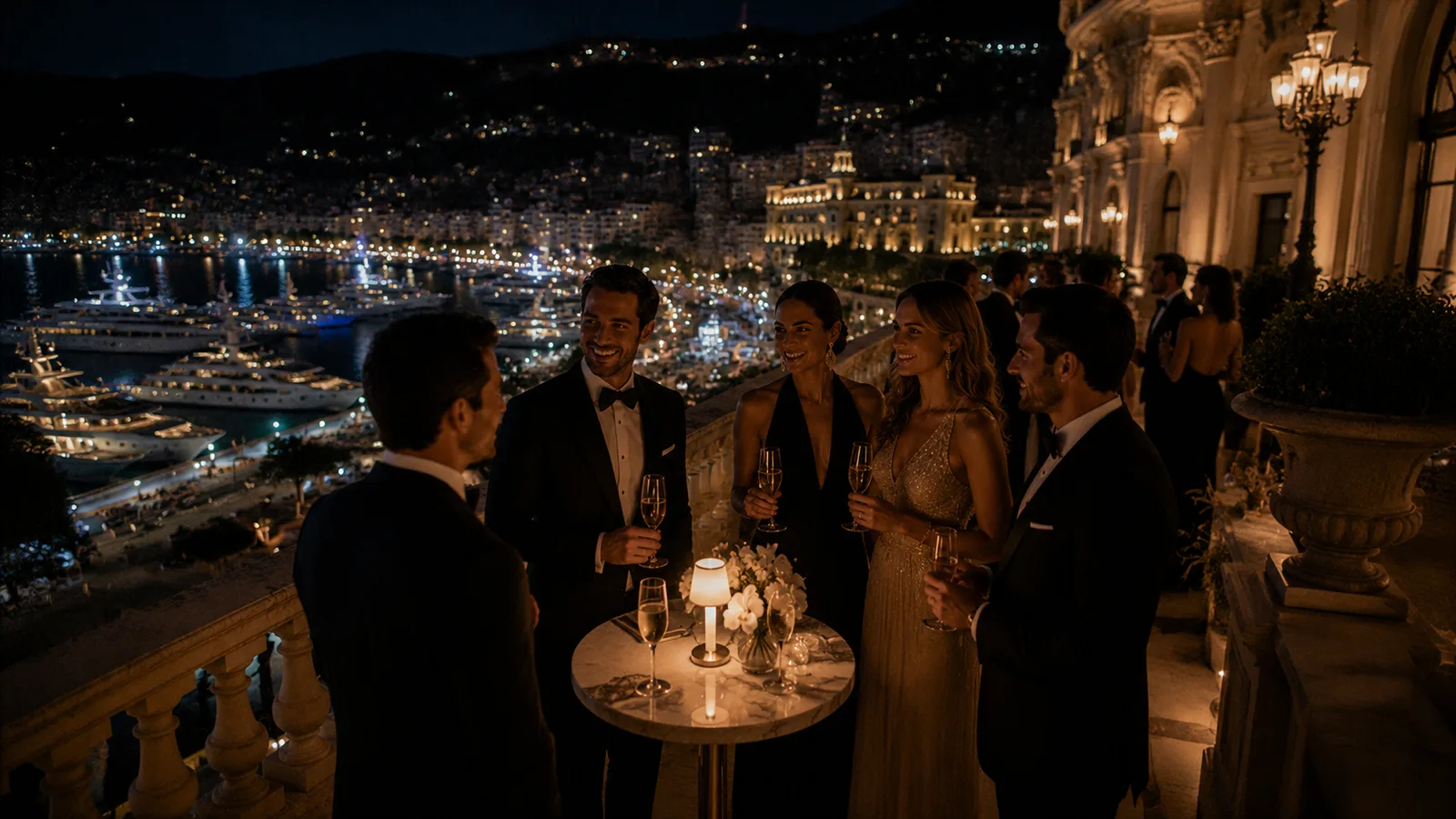 A Monte-Carlo terrace in Monaco at night, the port and lit yachts below a Belle Epoque facade