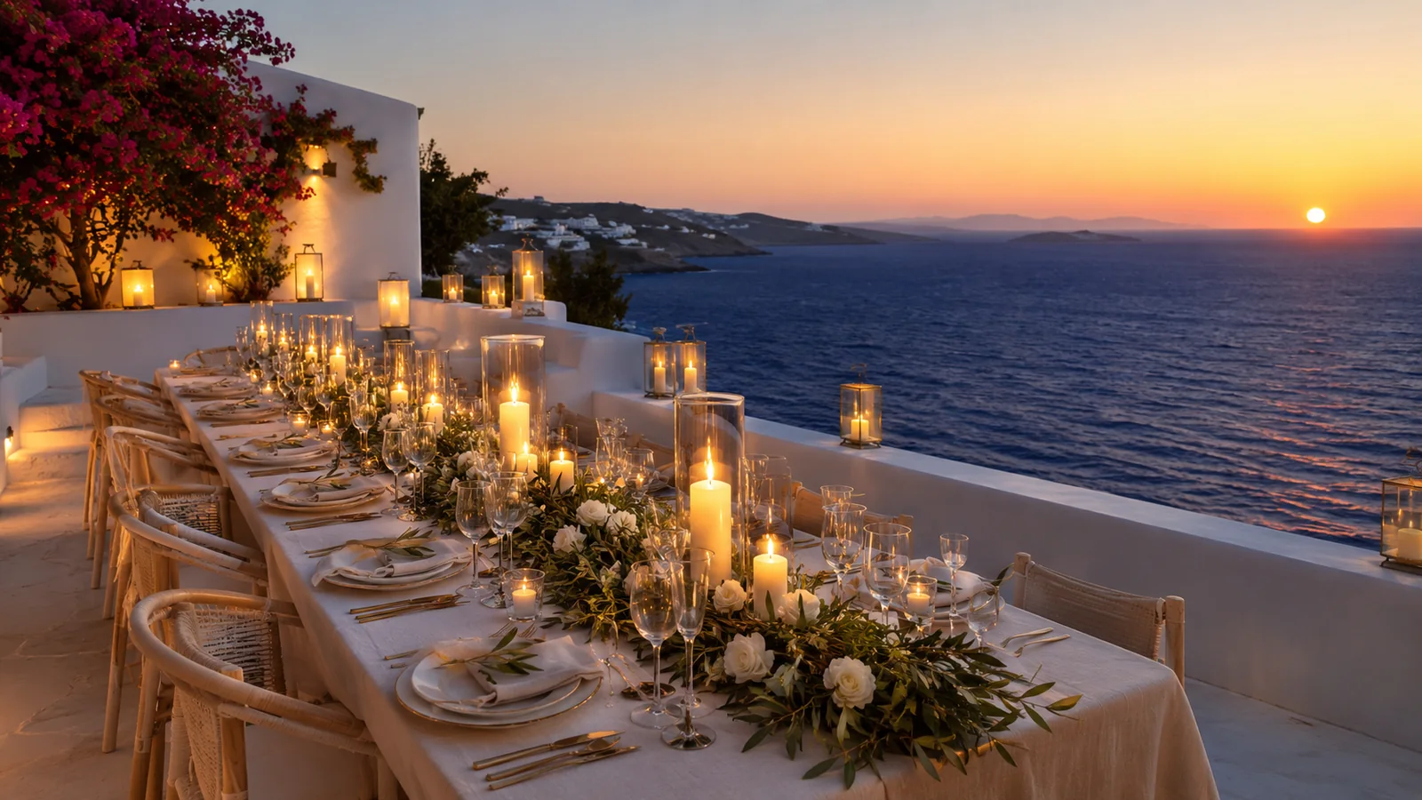 A candlelit dinner table set for a destination wedding celebration on a Mykonos terrace at sunset