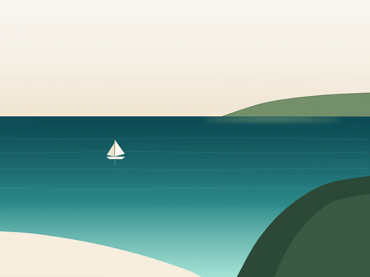 Illustrated view of a turquoise bay with a white sailboat on St. Thomas