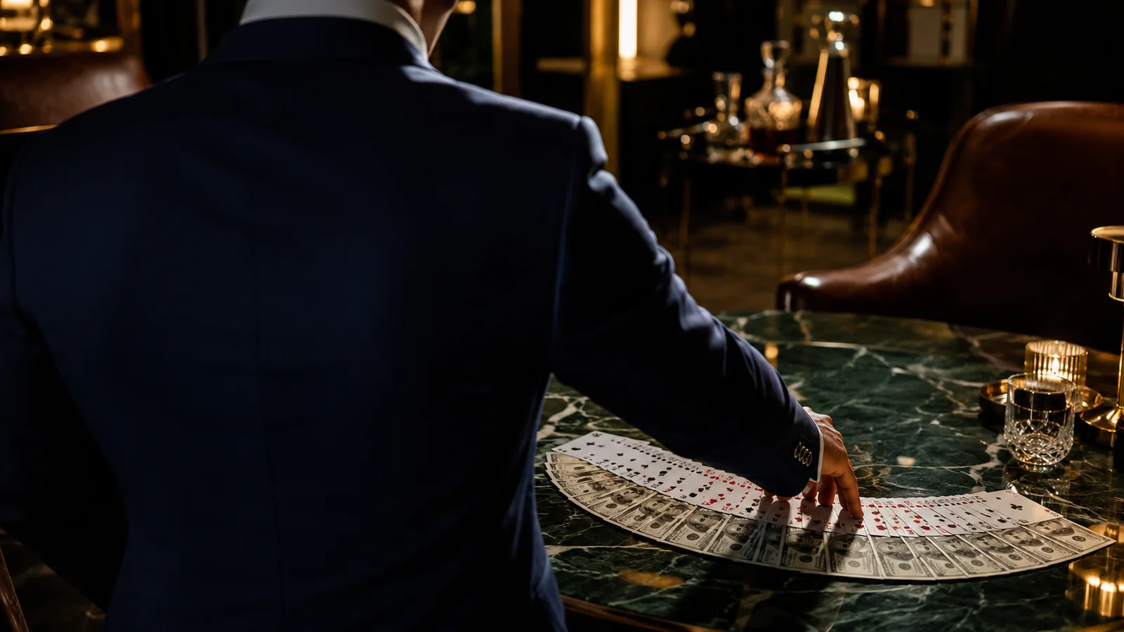 A magician in a tailored navy suit fanning playing cards interleaved with hundred-dollar bills on a marble table in a luxury private club