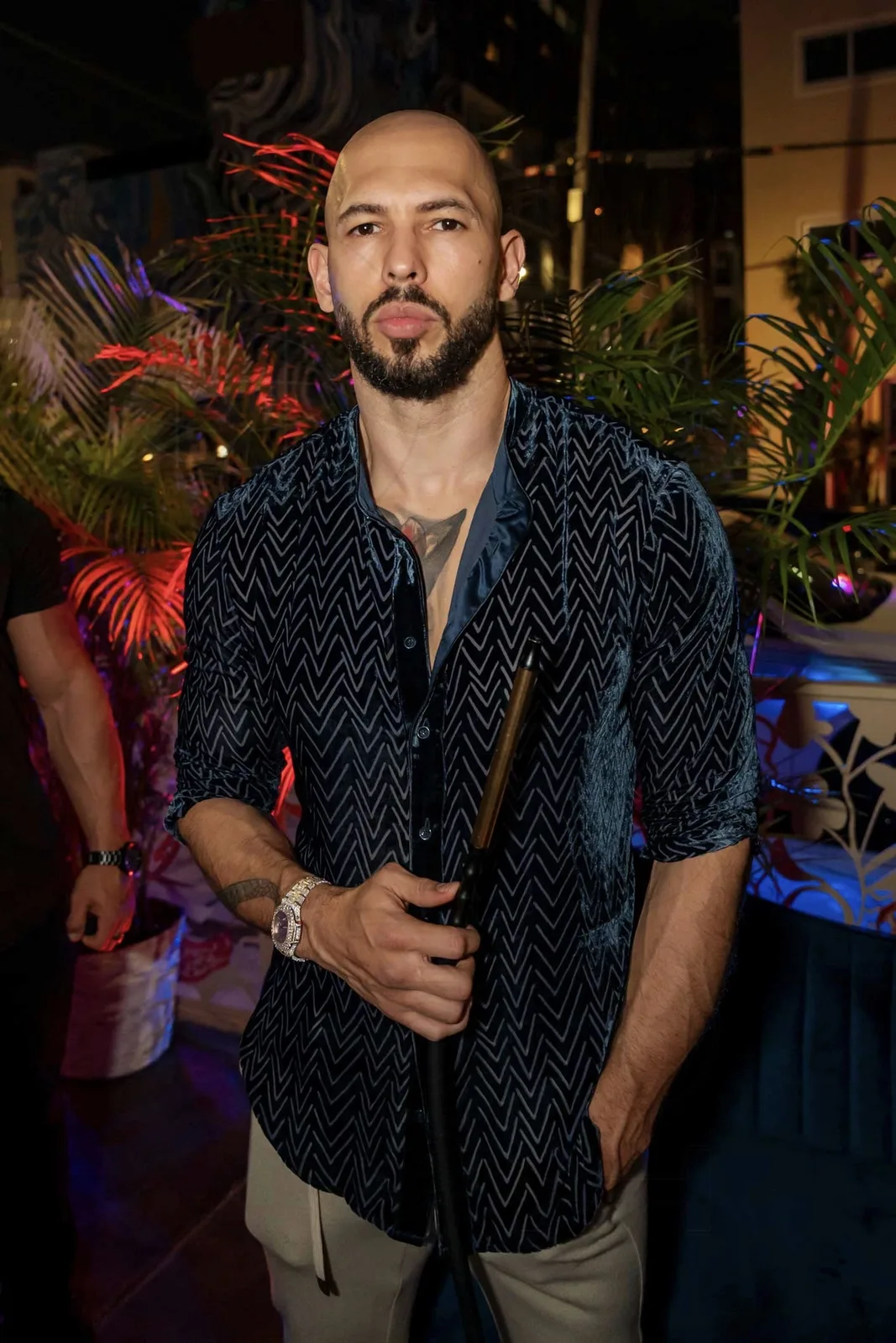 Andrew Tate photographed at the grand opening of Sora by Hotel Collection in Wynwood, Miami