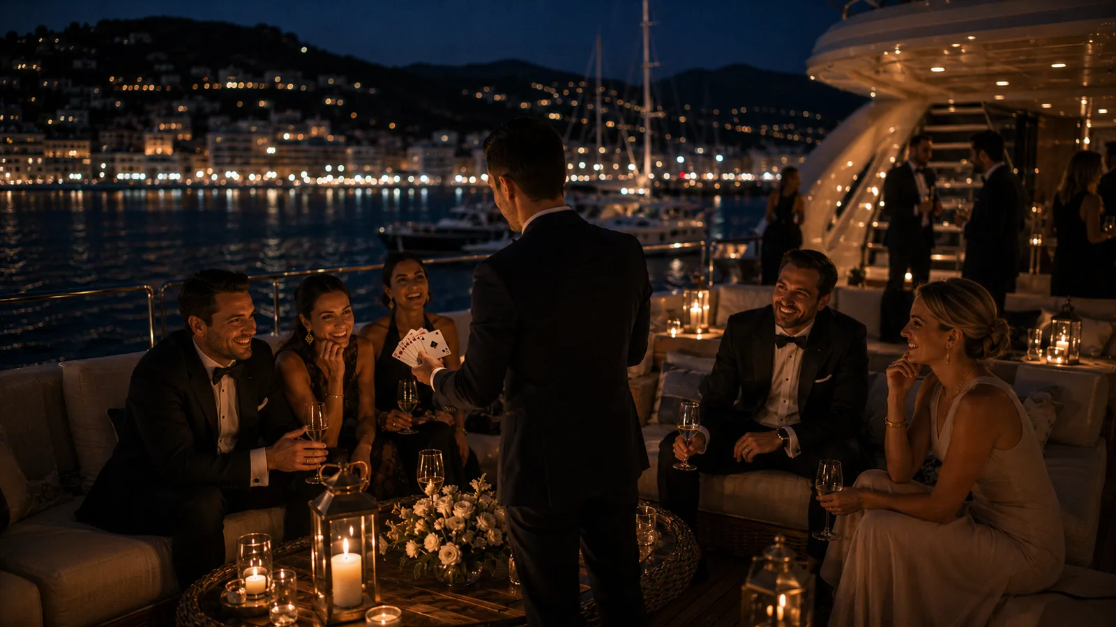 Matteo Cammisa performing close-up card magic for seated guests on the aft deck of a superyacht at night, a marina lit behind