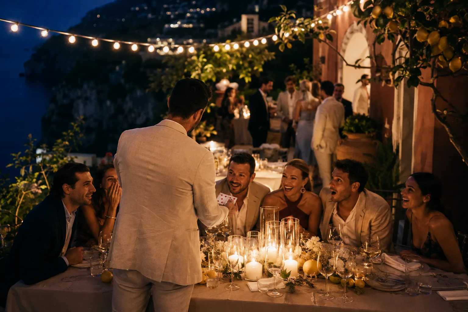 Close-up card magic at a candlelit wedding table, guests leaning in and reacting
