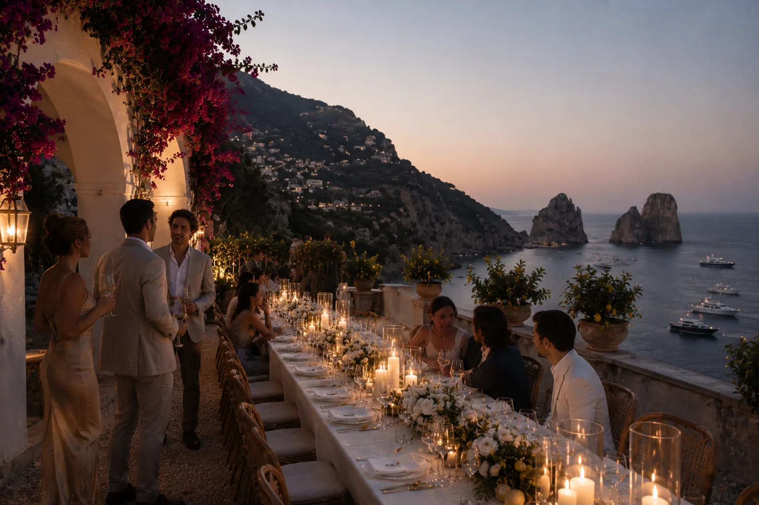 Candlelit wedding dinner on a clifftop terrace above Capri's Faraglioni rocks at dusk, guests along a long table