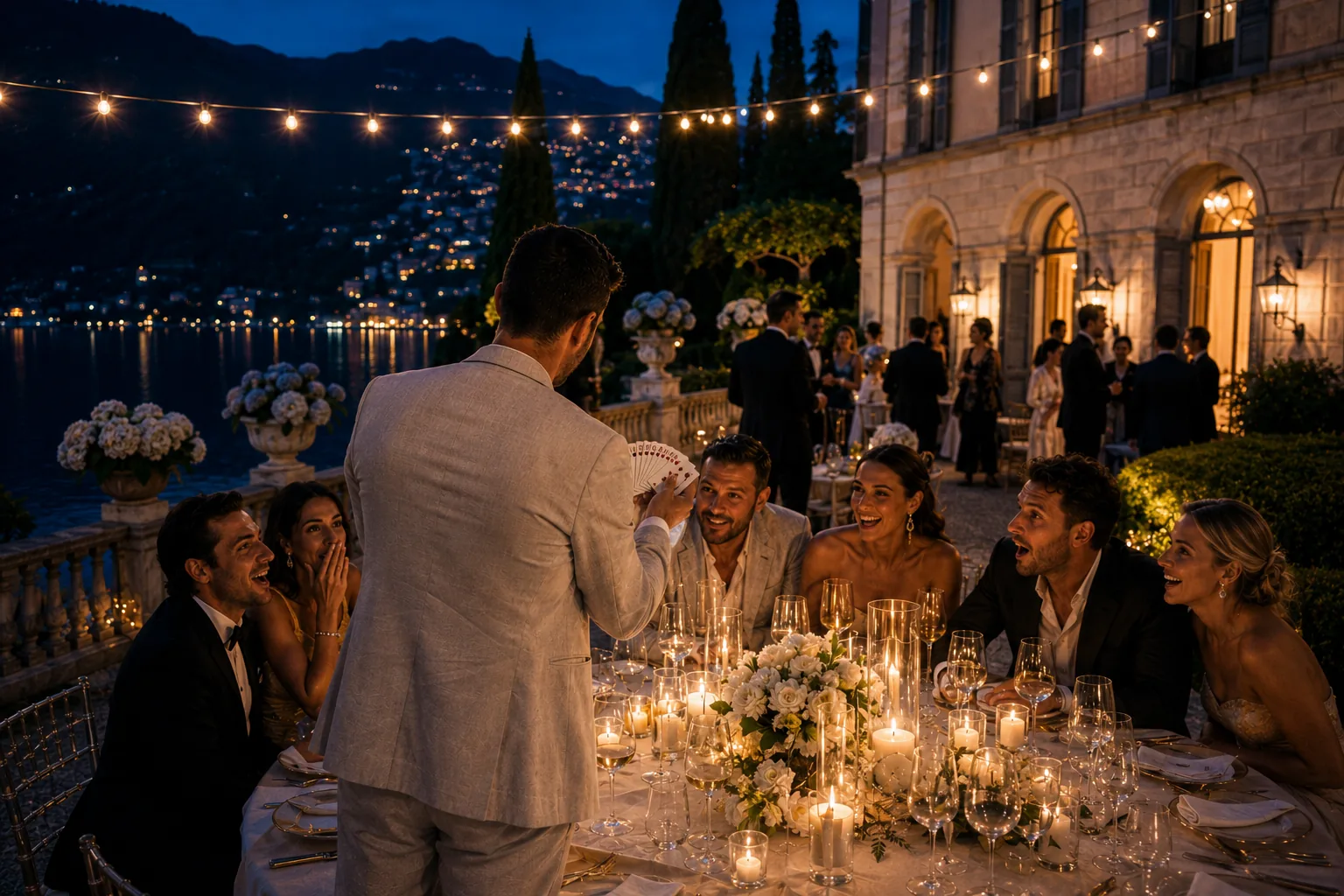 Close-up card magic at a candlelit wedding table on a Lake Como villa terrace in the evening