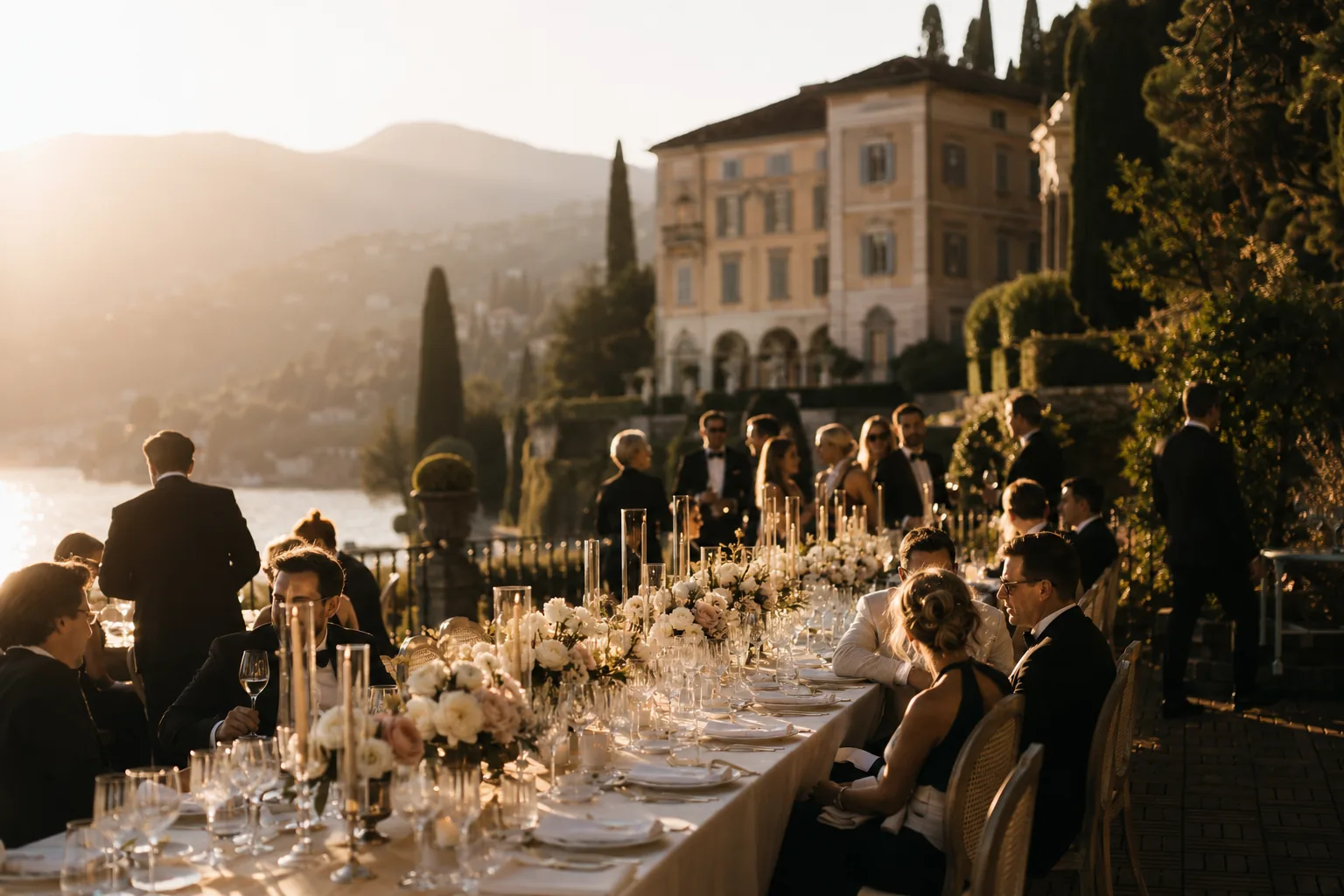 Wedding reception on a lakeside villa terrace on Lake Como at sunset, guests around a long table